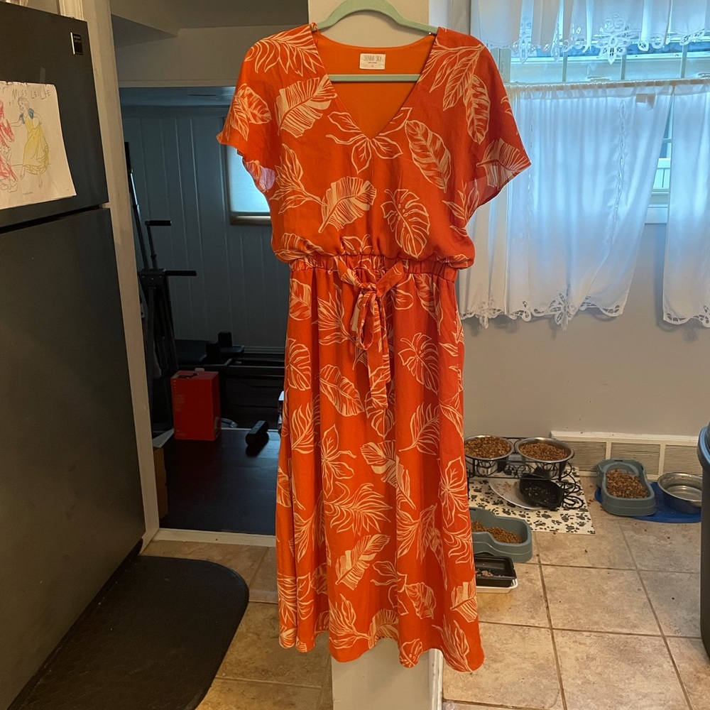 Sienna Sky orange leaf print dress, size medium.